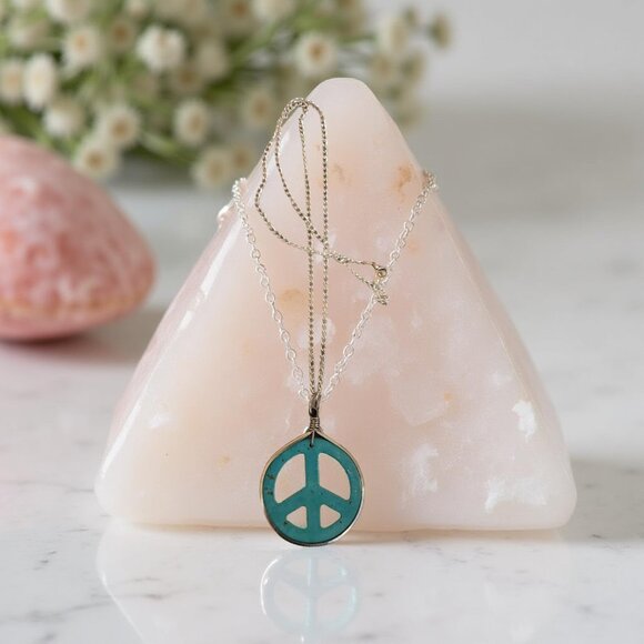Turquoise Peace sign Necklace w silver chain - Picture 3 of 4